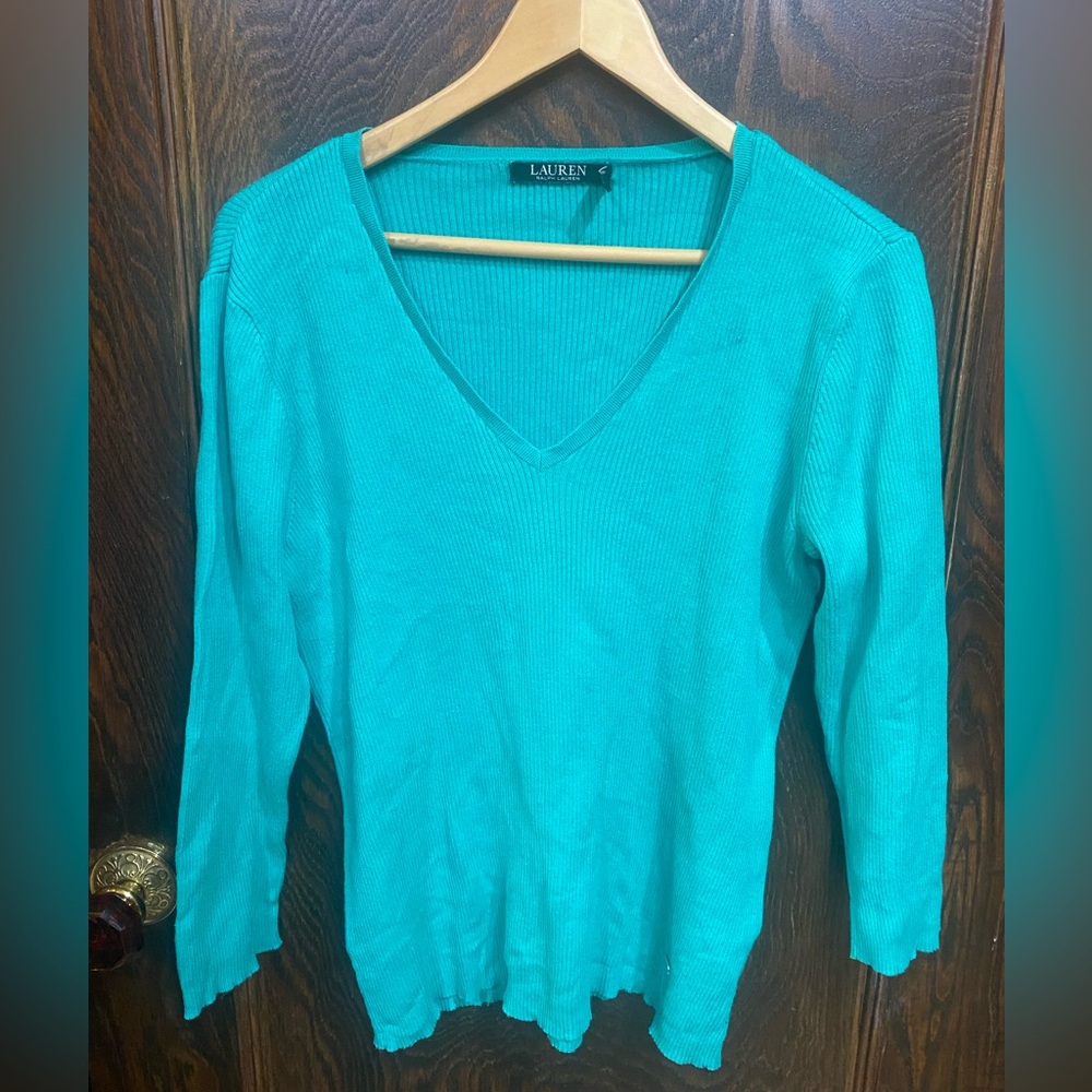 Lauren Ralph Lauren- 3/4 Sleeve Ribbed Sweater with V-Neck, Green, Size L